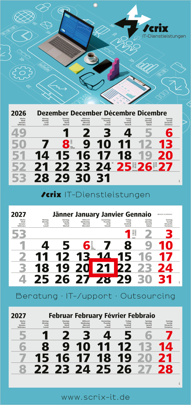 3-Monatskalender Mehrblock Maxi Light 3 mehrsprachig