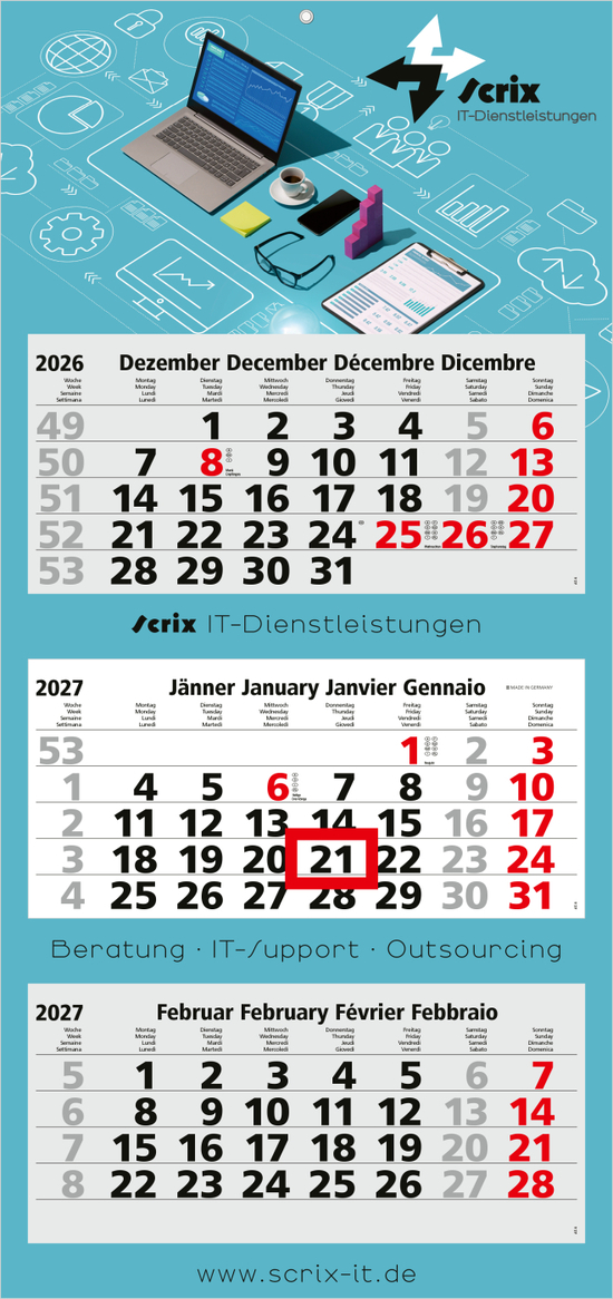 3-Monatskalender Mehrblock Maxi Light 3 mehrsprachig