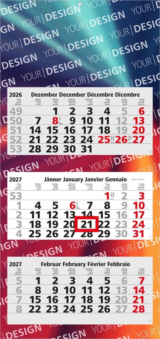 3-Monatskalender Mehrblock Maxi Light 3 mehrsprachig