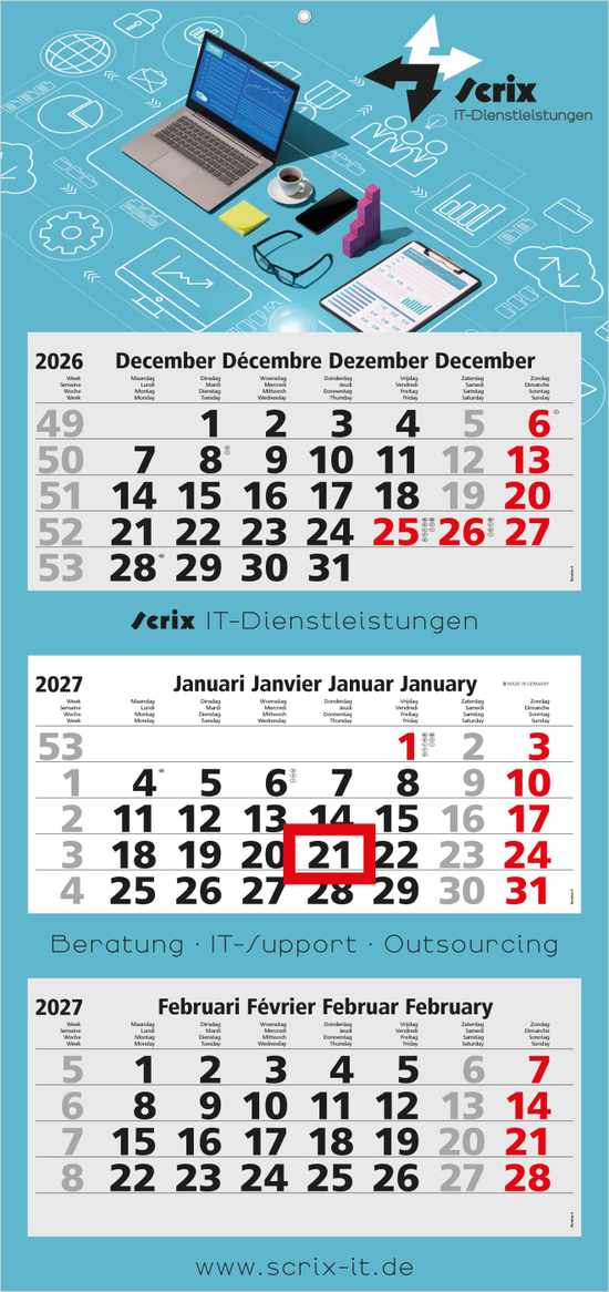 3-Monatskalender Mehrblock Maxi Light 3 mehrsprachig