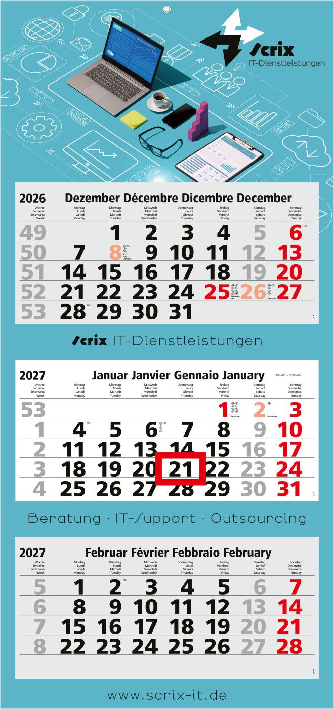 3-Monatskalender Mehrblock Maxi Light 3 mehrsprachig