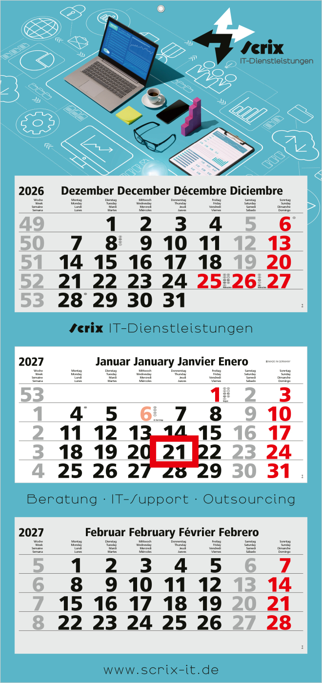 3-Monatskalender Mehrblock Maxi Light 3 mehrsprachig