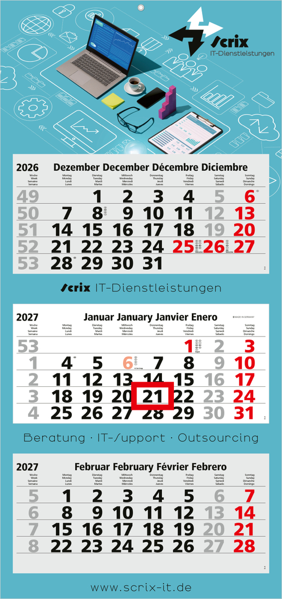 3-Monatskalender Mehrblock Maxi Light 3 mehrsprachig, Länderausgabe Deutschland (D/GB/F/E)