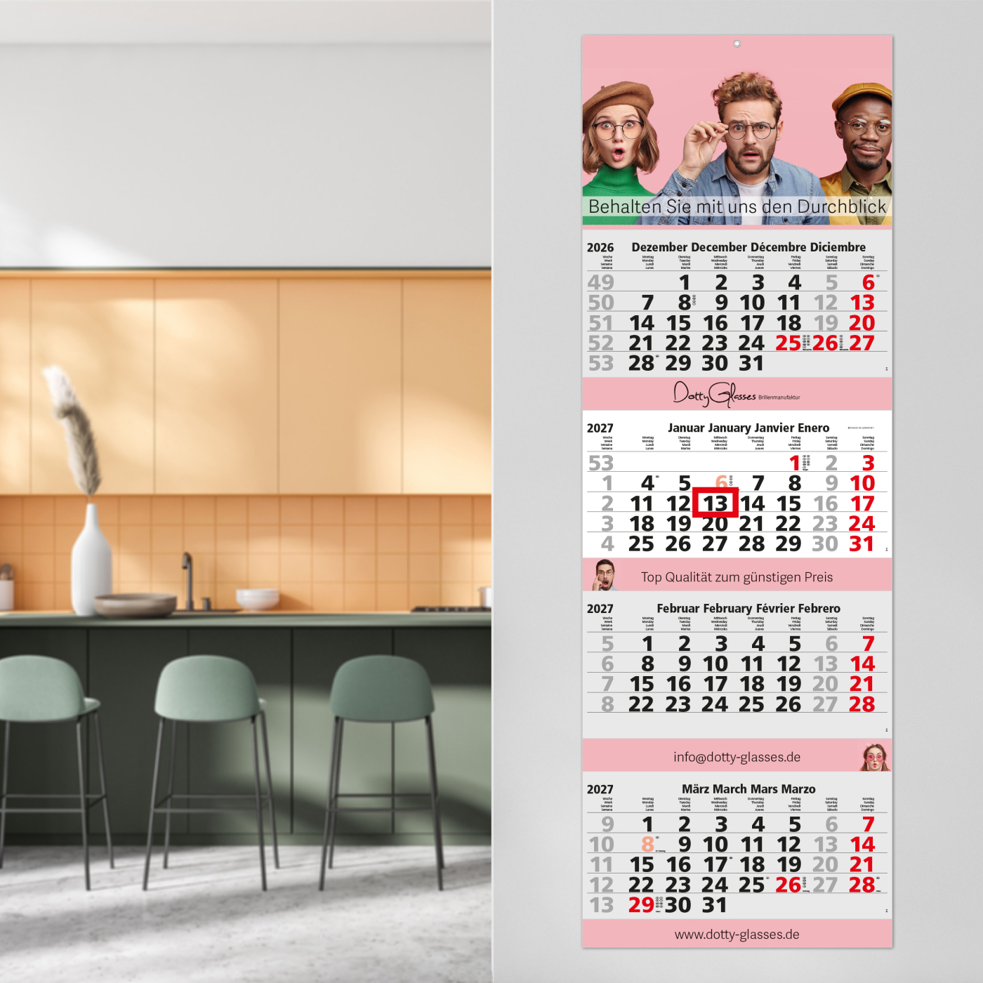 4-Monatskalender Mehrblock Quadro 4 Post Extra-Breite 335 mm