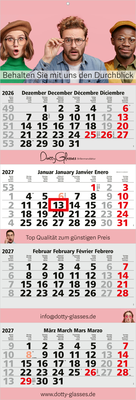 4-Monatskalender Mehrblock Quadro 4 Post Extra-Breite 335 mm