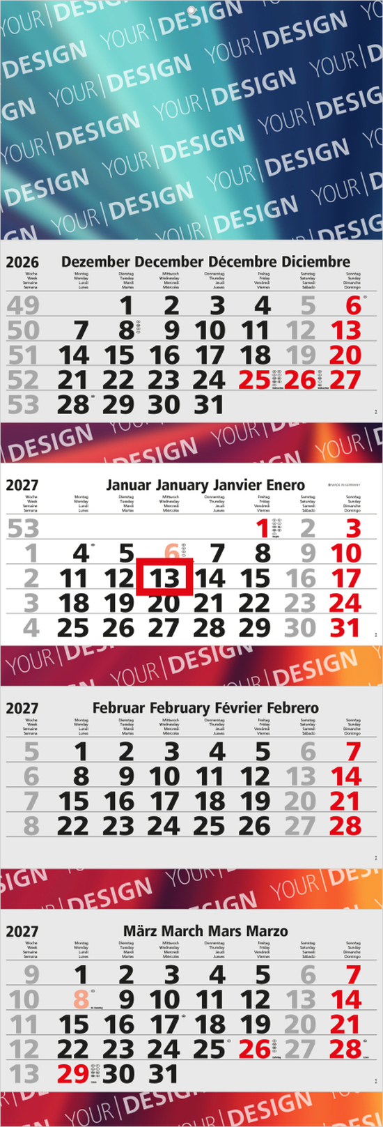 4-Monatskalender Mehrblock Quadro 4 Post Extra-Breite 335 mm