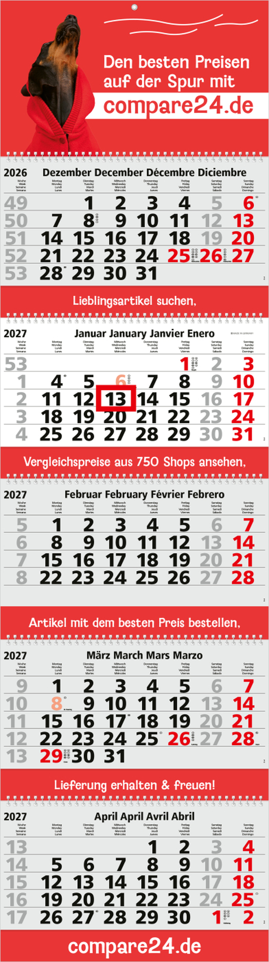 5-Monatskalender Mehrblock Grande Wire-O 5 Wire-O-Bindung
