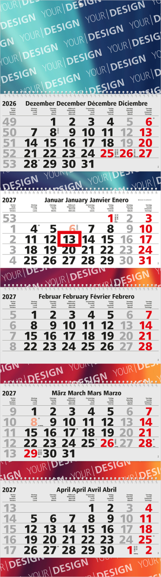 5-Monatskalender Mehrblock Grande Wire-O 5 Wire-O-Bindung