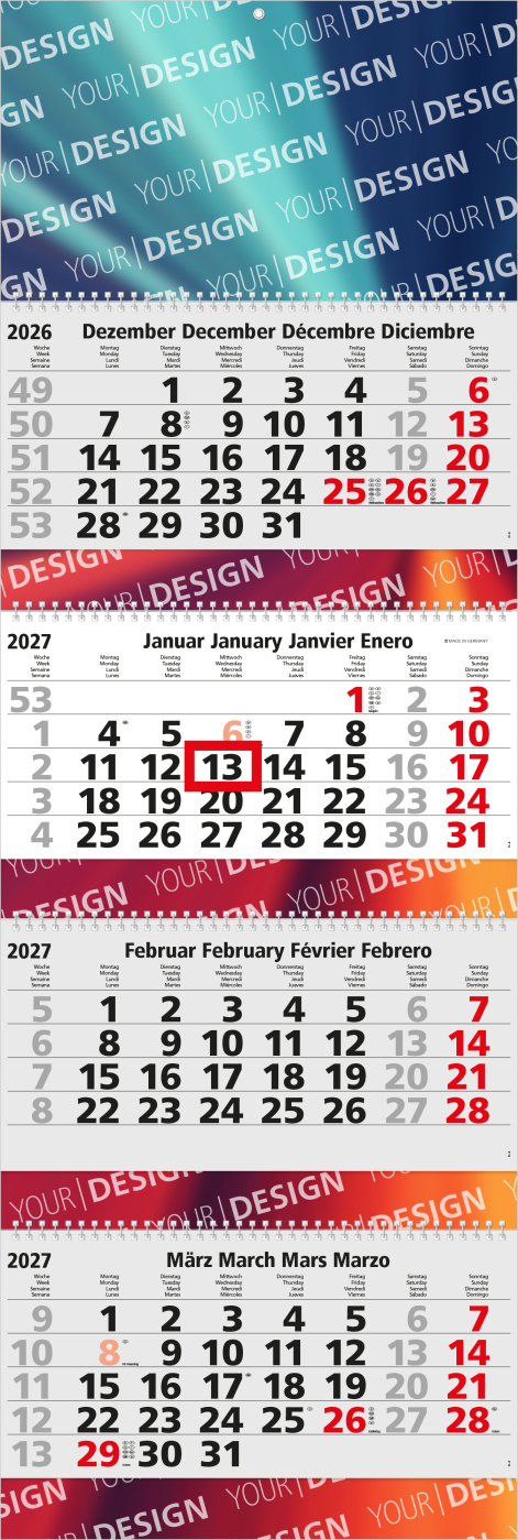 4-Monatskalender Mehrblock Quadro Wire-O 4 Wire-O-Bindung