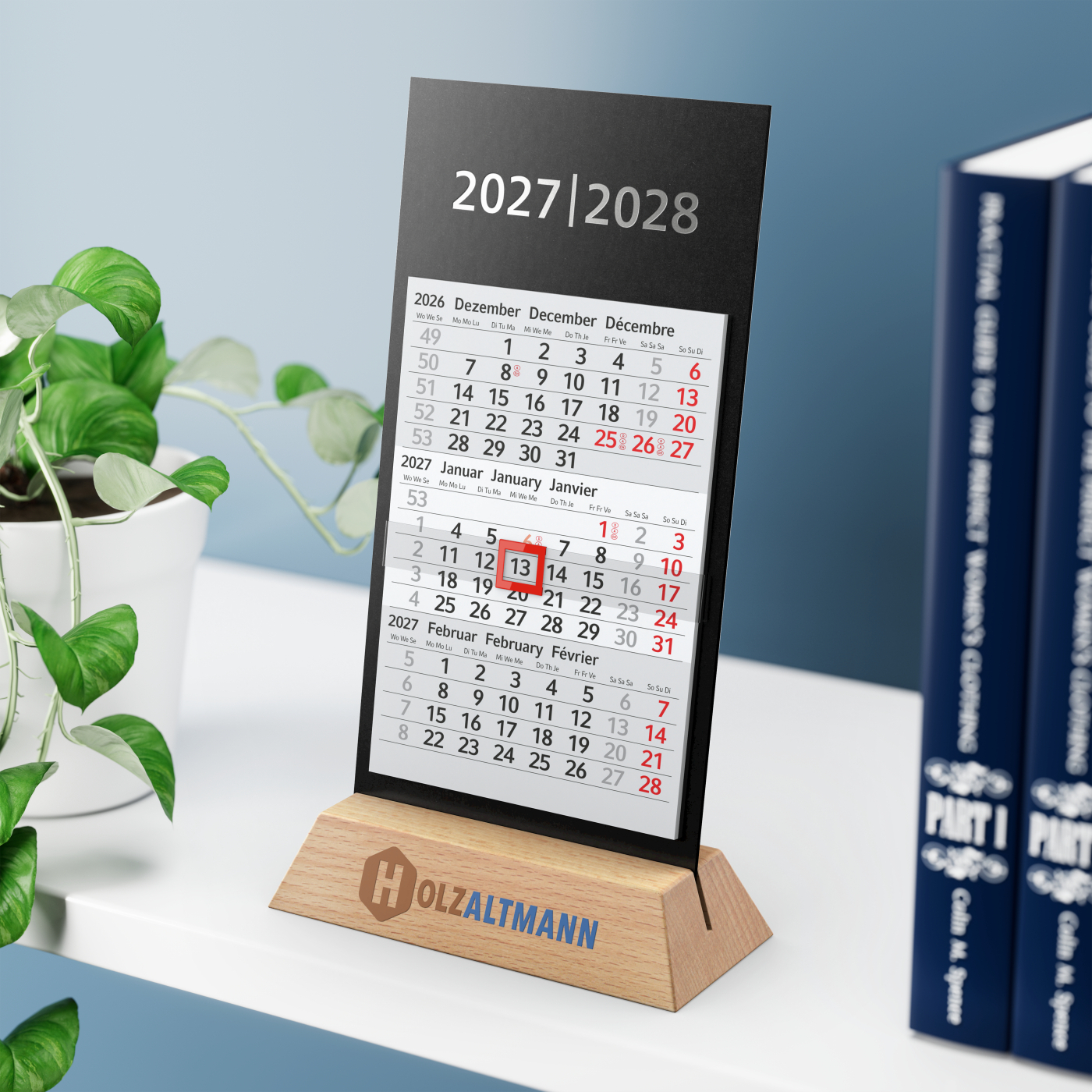 Tischkalender Desktop Wood 3 Holzaufsteller Karton-Rückwand schwarz
