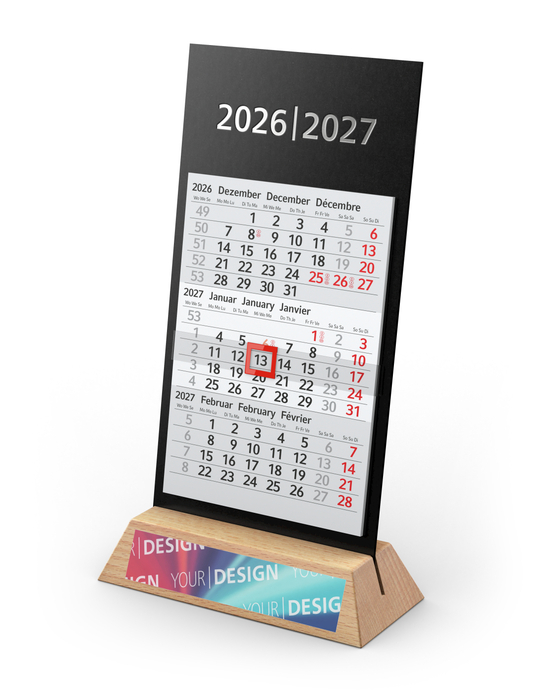 Tischkalender Desktop Wood 3 Holzaufsteller Karton-Rückwand schwarz