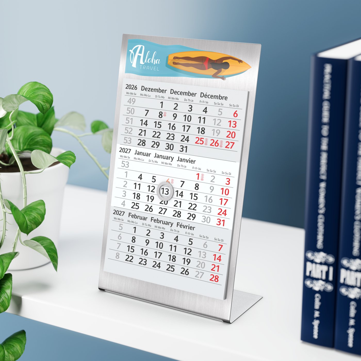 Tischkalender Desktop 3 Steel Edelstahl-Aufsteller gebürstet