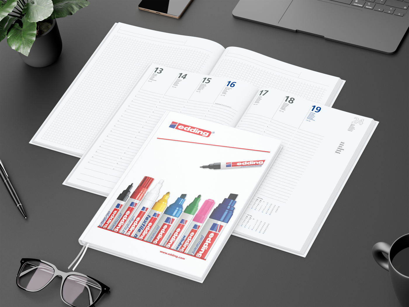 Wochenkalender vorne + Notizen hinten Note-Hybrid Ecken spitz Papier-Hardcover