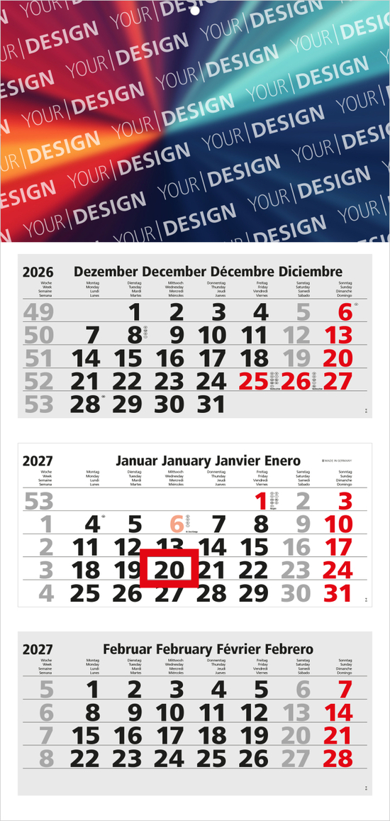 3-Monatskalender Mehrblock Medium Light 3 Werbung am Kopf