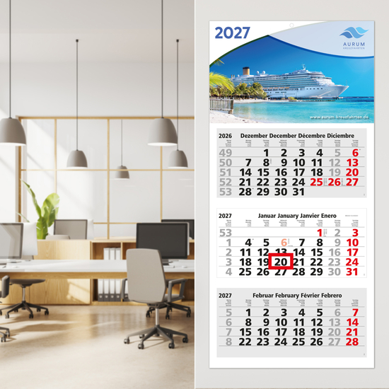 3-Monatskalender Mehrblock Medium Light 3 Werbung am Kopf