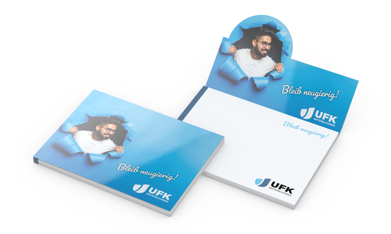 Haftnotizblock Cover Pop-Up Aufsteller formgestanzt Karton-Umschlag