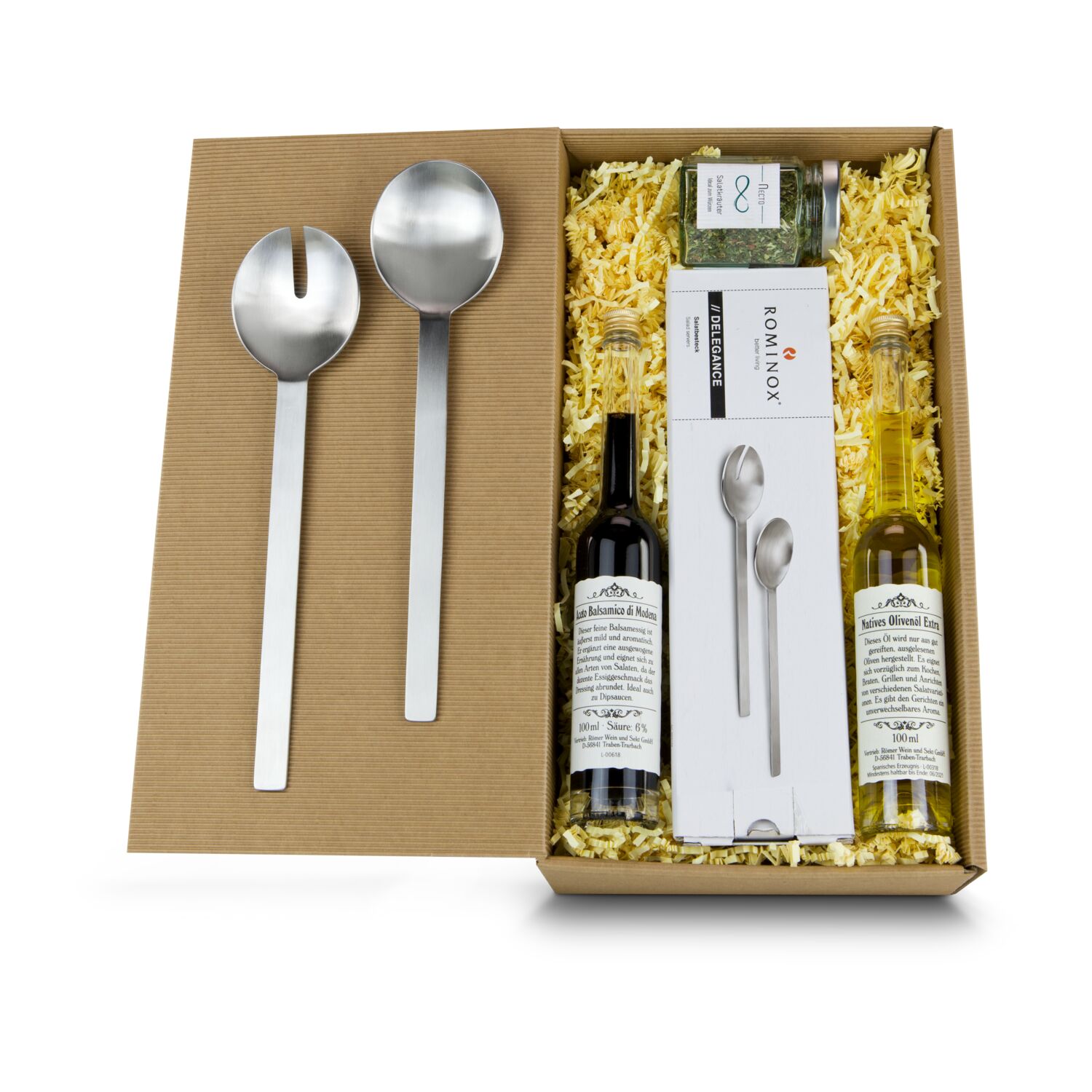 Gesund, fit & lecker. Geschenkset mit Salatbesteck aus Edelstahl, 100 ml Aceto Balsamico, 100 ml natives Olivenöl Extra &25 g Salatkräuter