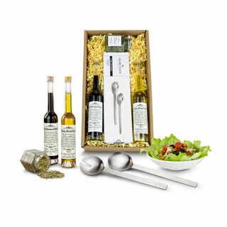 Gesund, fit & lecker. Geschenkset mit Salatbesteck aus Edelstahl, 100 ml Aceto Balsamico, 100 ml natives Olivenöl Extra &25 g Salatkräuter