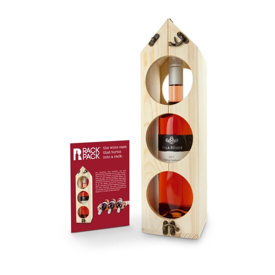 Das Original: Weinverpackung und -regal in einem, für bis zu 12 Flaschen. Kombiniert mit einem hochwertigen Villa Römer Roséwein (0,75 l).