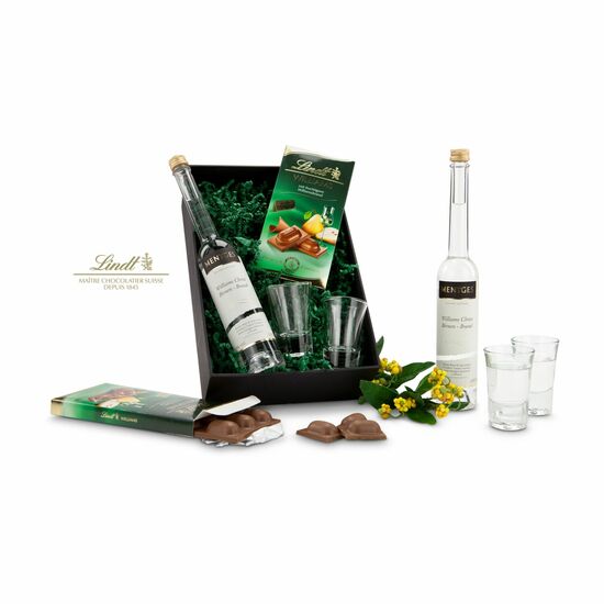 Für Williams Liebhaber: 0,1 l Williams-Christ-Birnenbrand von MENTGES, 2 Schnapsgläser und eine Tafel Williams-Christ Schokolade von Lindt.