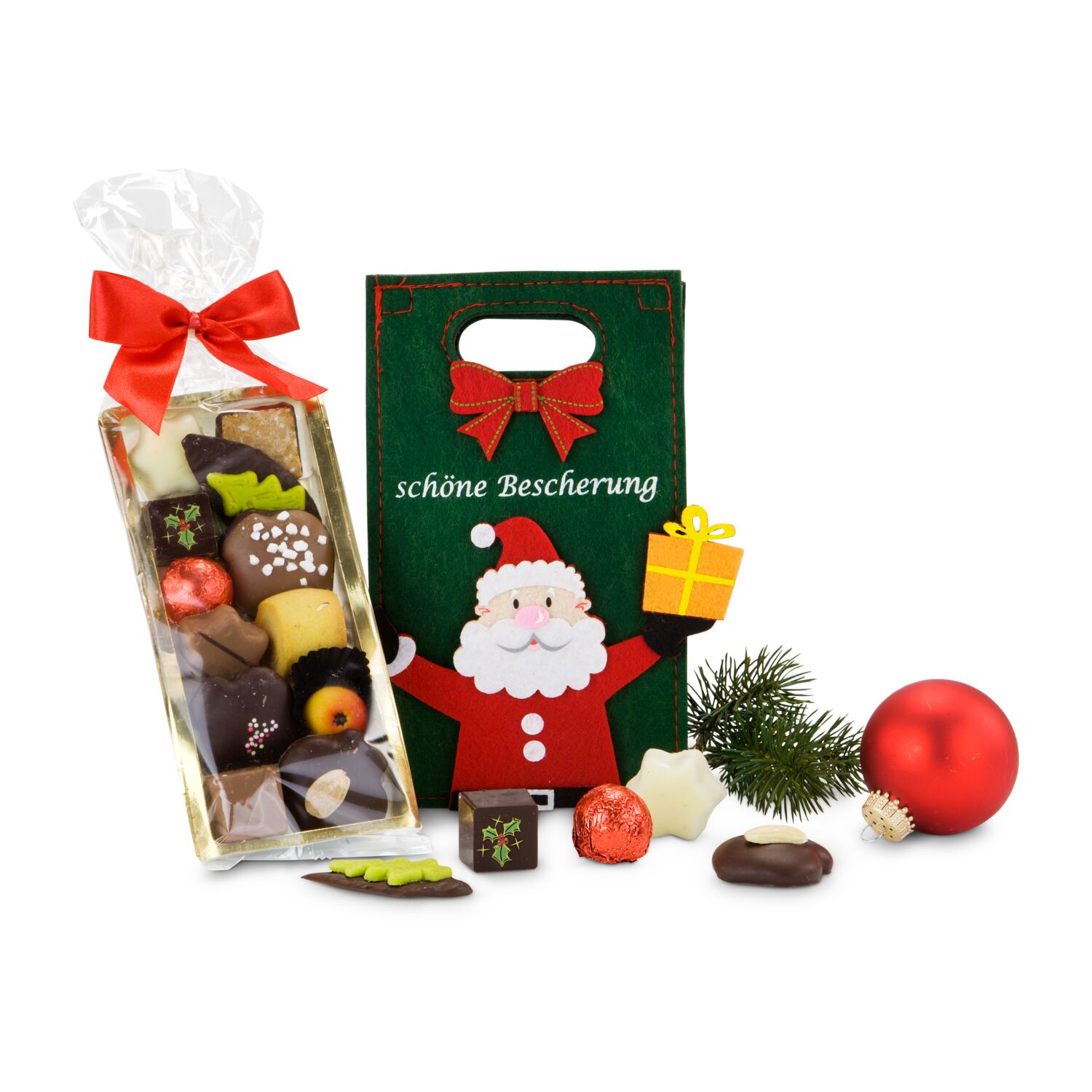 Eine „Schöne Bescherung” in der Tüte: 125 g gemischtes Confiserie-Gebäck verpackt in einer fröhlichen Filztasche mit 3D Weihnachtsmann.