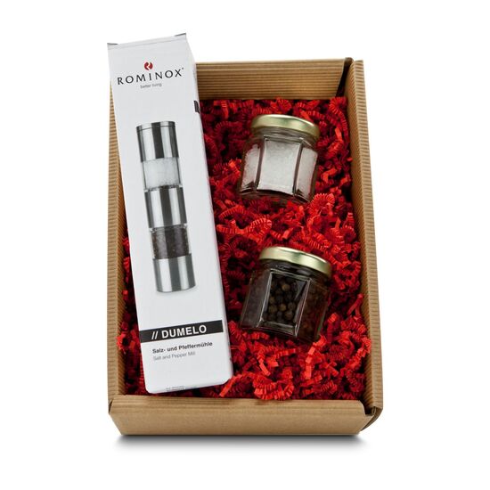 Ein kleines Set das es in sich hat: eine elegante Salz-und Pfeffermühle von ROMINOX® mit je 40g Salz und Pfeffer für den Start!