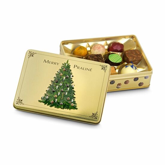 Hier ist der Name gleich auf die goldene Dose geprägt! Merry Praliné ist eine feine Pralinenmischung (125 g), der niemand widerstehen kann.