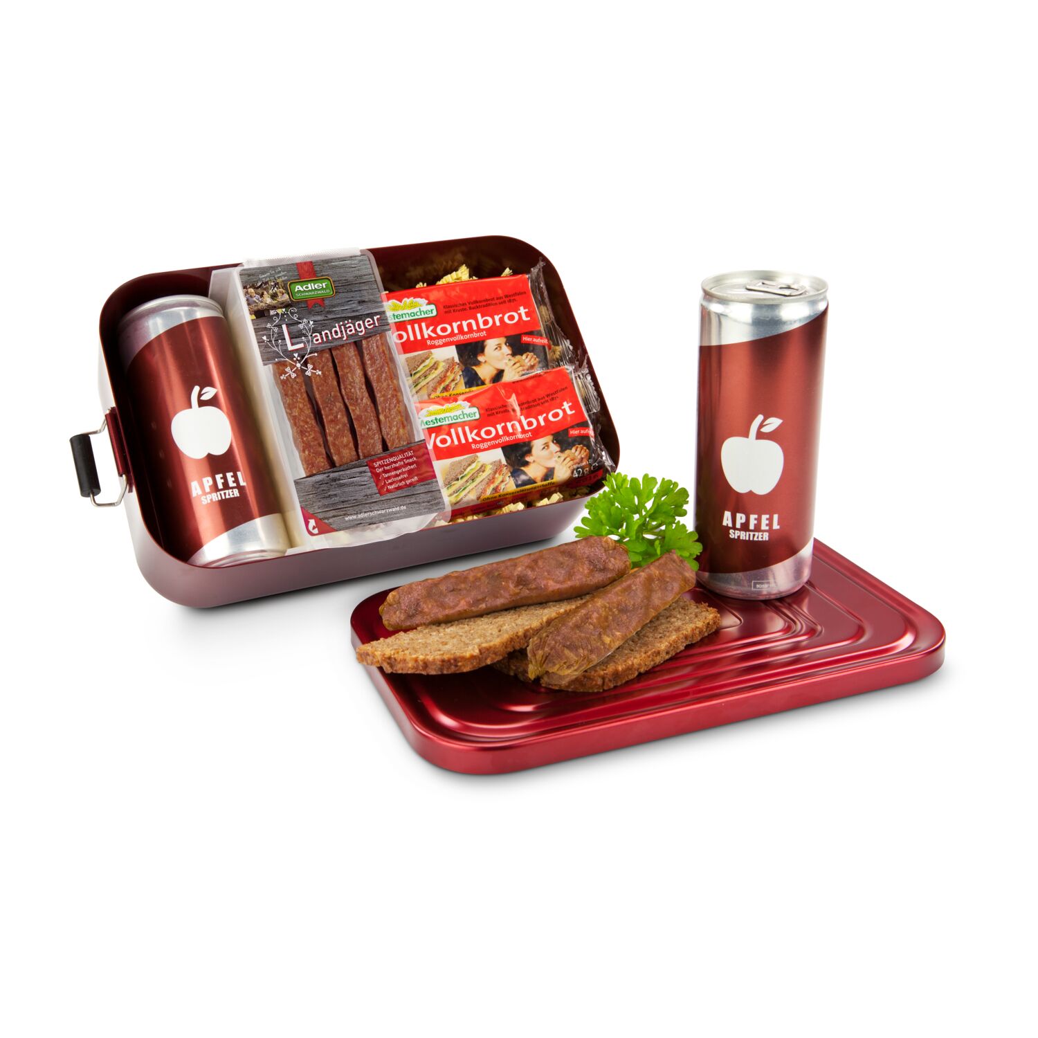 Mahlzeit für unterwegs - Hochwertige rote Aluminium Lunchbox, 4 Landjäger (125 g), 2 kleine Vollkornbrote & 250 ml Apfelschorle