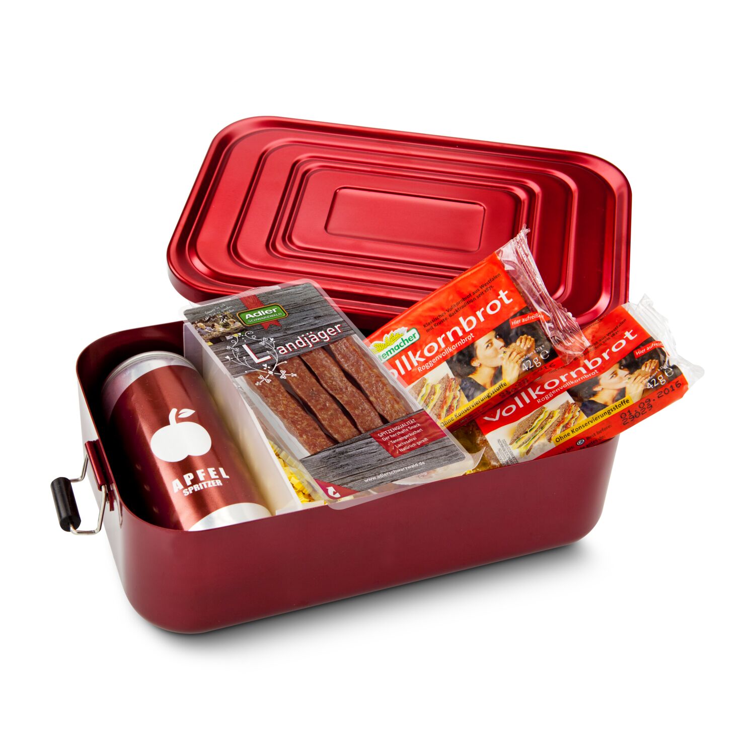 Mahlzeit für unterwegs - Hochwertige rote Aluminium Lunchbox, 4 Landjäger (125 g), 2 kleine Vollkornbrote & 250 ml Apfelschorle
