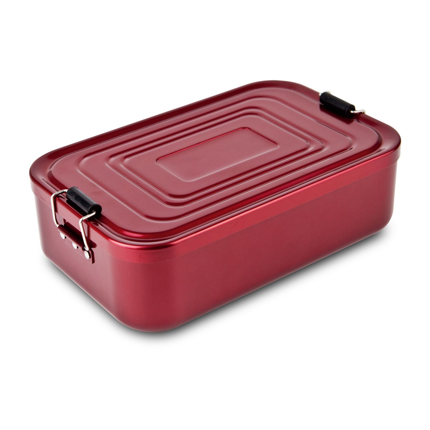 Mahlzeit für unterwegs - Hochwertige rote Aluminium Lunchbox, 4 Landjäger (125 g), 2 kleine Vollkornbrote & 250 ml Apfelschorle