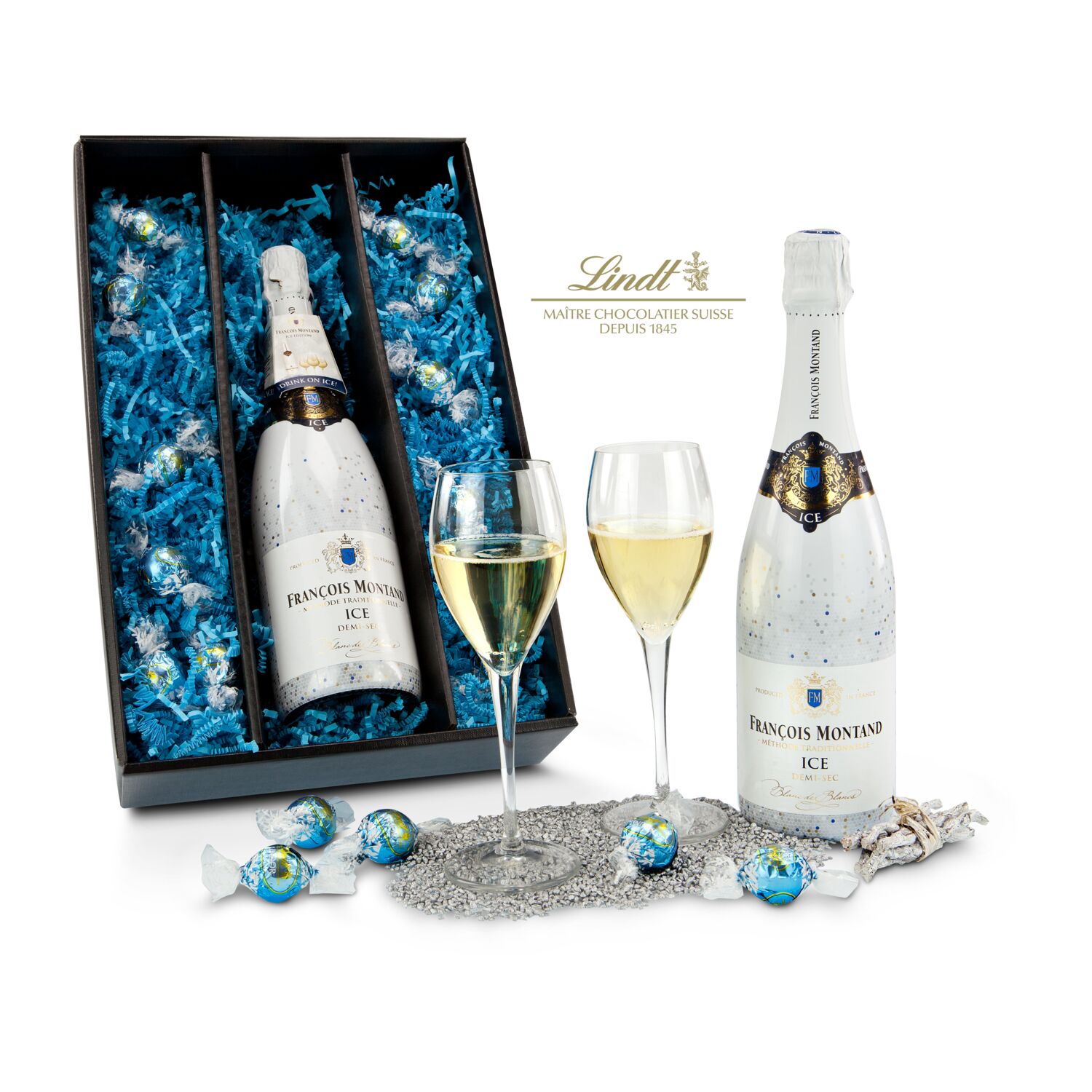 ICE-Geschenk! Dieser halbtrockene Sekt wird auf Eis serviert. 2 Gläser und 10 Lindorkugeln Stracciatella liegen mit im Set. DRINK ON ICE!