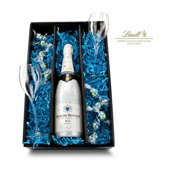 ICE-Geschenk! Dieser halbtrockene Sekt wird auf Eis serviert. 2 Gläser und 10 Lindorkugeln Stracciatella liegen mit im Set. DRINK ON ICE!