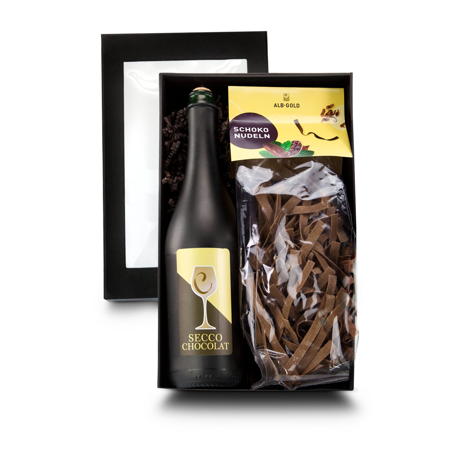 Ein überraschendes Schokodessert: Schoko-Nudeln (250 g) in Milch kochen und dazu ein Glas Schoko-Secco aus der 0,75 l Flasche genießen.