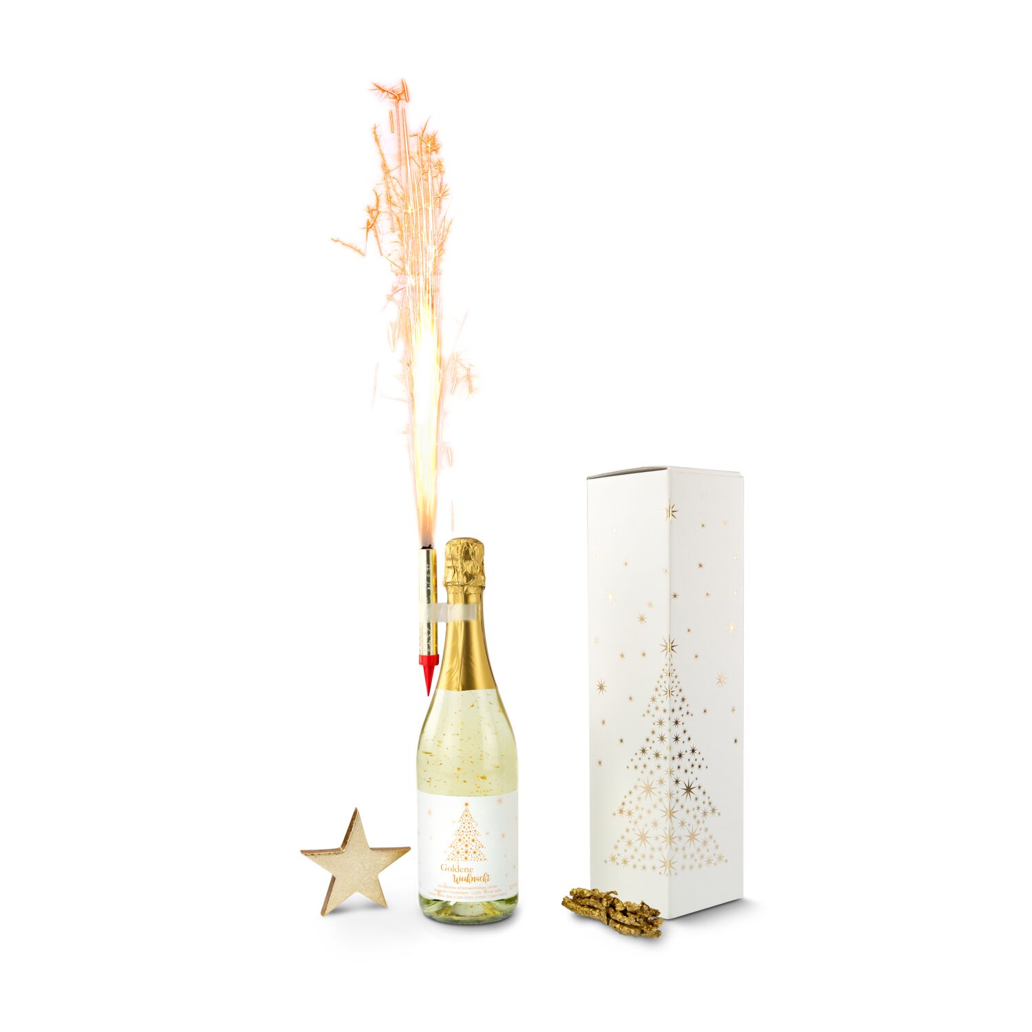 Ein frohes Weihnachtsfest! Aromatisiertes Sekt-Getränk (0,75 l) mit 22-karätigem Blattgold und 1 Wunderkerze für die Flasche.