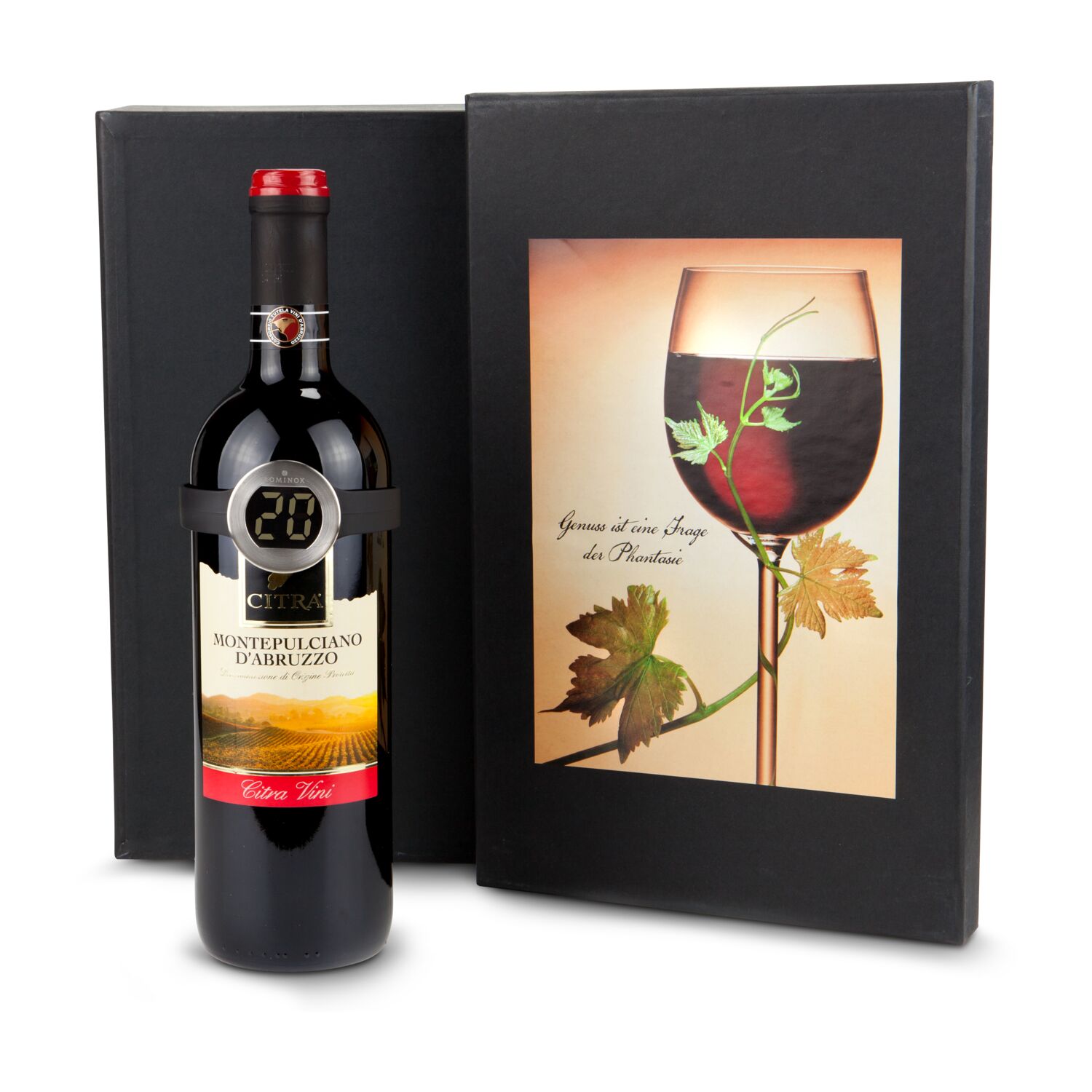 Elegant und mit Stil! Modernes Weinthermometer und eine Flasche Montepulciano d‘Abruzzo (0,75 l). Einfach anklippen und Temperatur messen.