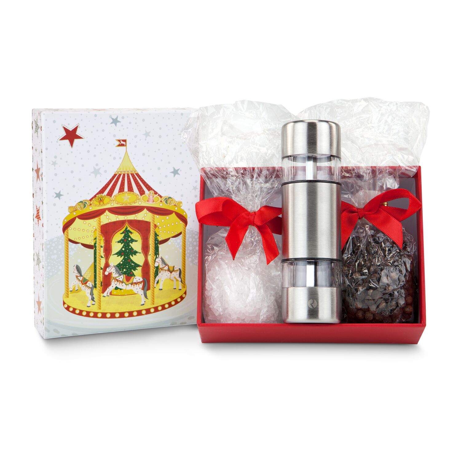 Im weihnachtlichen Geschenkkarton kommt eine ROMINOX® Mühle mit 2 getrennten Mahlwerken und einem Tütchen Salz & Pfeffer