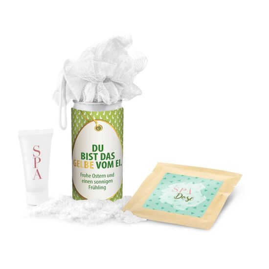 SPA Dose - für alle Frauen: 1 Mesh-Schwamm, 1 Badesalz und 1 Duschgel in einer innovativen Geheimnisdose mit fröhlichen Oster-Grüßen