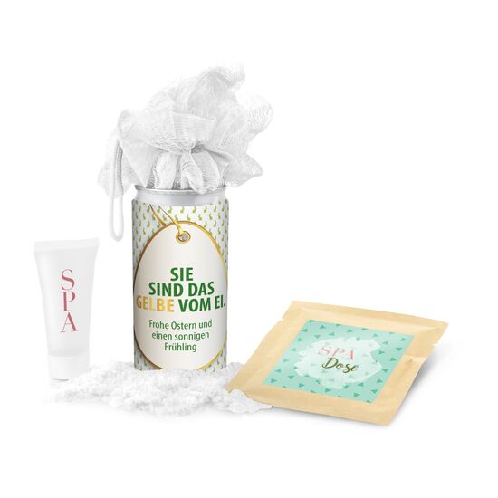 SPA Dose - für alle Frauen: 1 Mesh-Schwamm, 1 Badesalz und 1 Duschgel in einer innovativen Geheimnisdose mit fröhlichen Oster-Grüßen