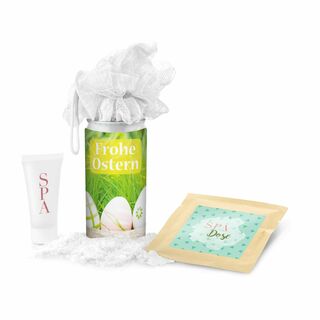 Geschenkset / Präsenteset: SPA Dose Ostern - Etikett Frohe Ostern - EierWiese 2K1223a