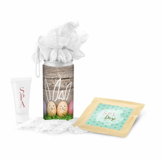 Geschenkset / Präsenteset: SPA Dose Ostern - Etikett Frohe Ostern - EierHasen 2K1223b
