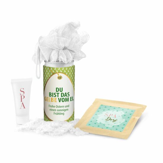 Geschenkset / Präsenteset: SPA Dose Ostern - Etikett Du bist das Gelbe vom Ei 2K1223d
