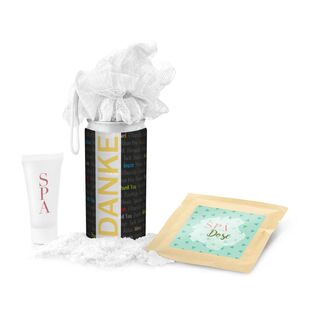 SPA Dose - für alle Frauen: je 1 Mesh-Schwamm, Badesalz & Duschgel in einer innovativen Geheimnisdose mit mehrsprachigem Danke Etikett!