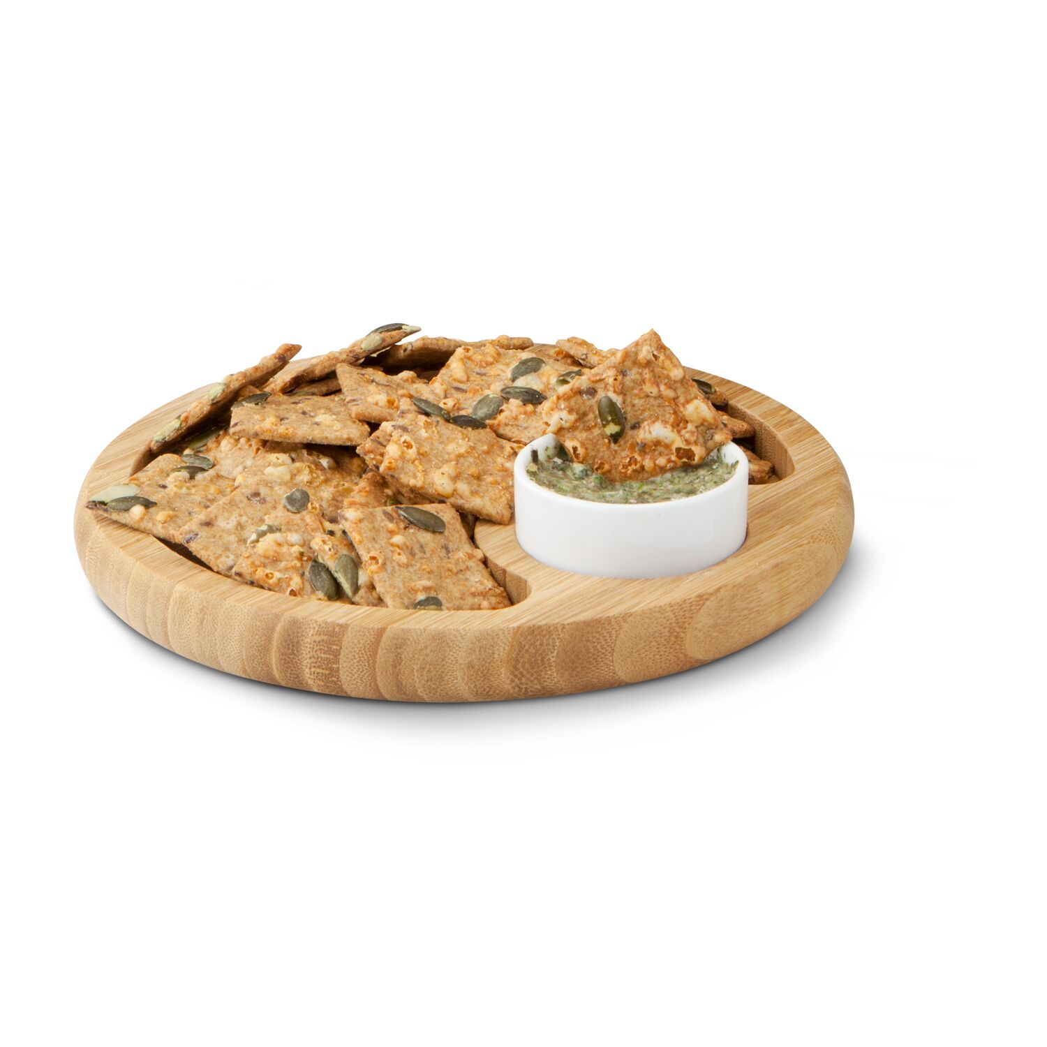 Der ROMINOX® Bambusteller mit Keramikschale eignet sich perfekt zum Dippen. Probieren Sie es direkt mit dem Dipgewürz & den Käsecrackern aus