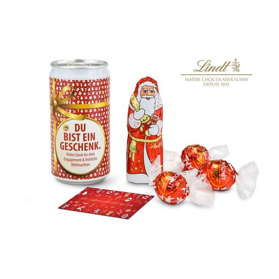 Weihnachtsüberraschung! Lindt Weihnachtsmann (ca. 40 g), 3 Lindt Lindorkugeln (je 12,5 g) und ein Weihnachtsgruß. In 4 Designs erhältlich.