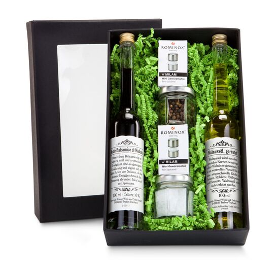 Dieses Set enthält je 1 Flasche Aceto Balsamico Essig und Walnussöl, ein Glas Pfefferkörner, grobes Meersalz & 2 ROMINOX® Mühlen.