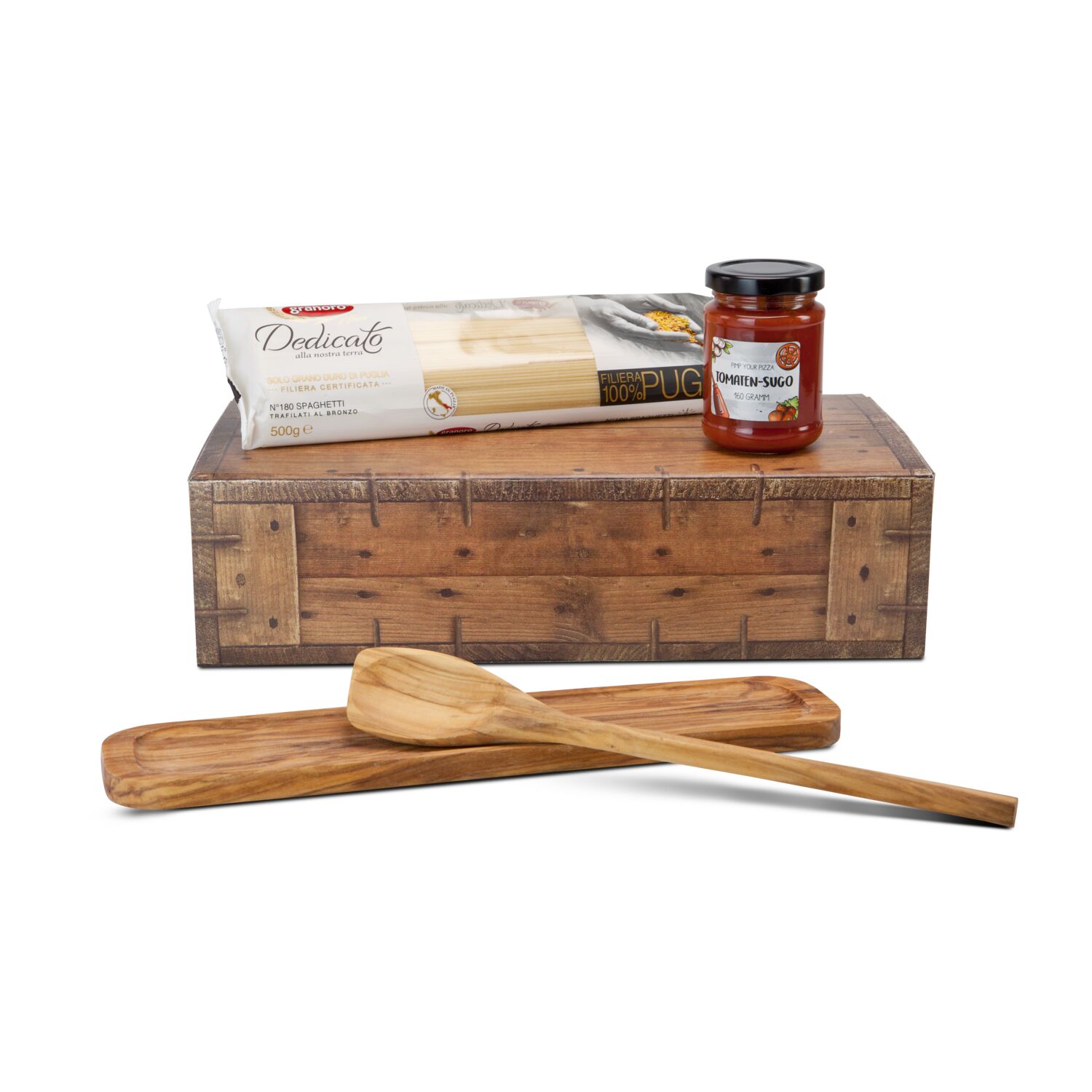 ROMINOX® Kochlöffel mit Ablage aus edlem Olivenholz, 500 g Spaghetti al bronzo und Tomatensoße (160 ml) verpackt in einem Holzoptik-Karton.
