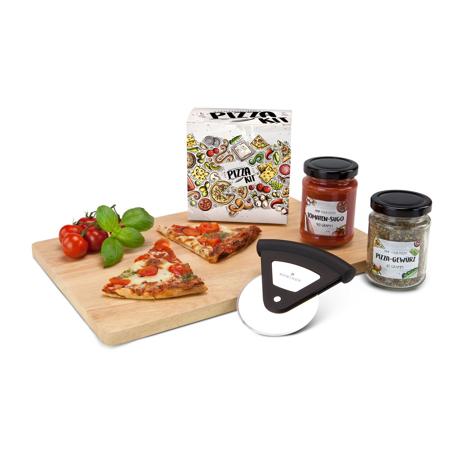 Der ROMINOX® Pizzaschneider LUIGI, Tomatensoße (160 ml) und ein leckeres Pizzagewürz (ca. 40 g) in einem dekorativen Karton.