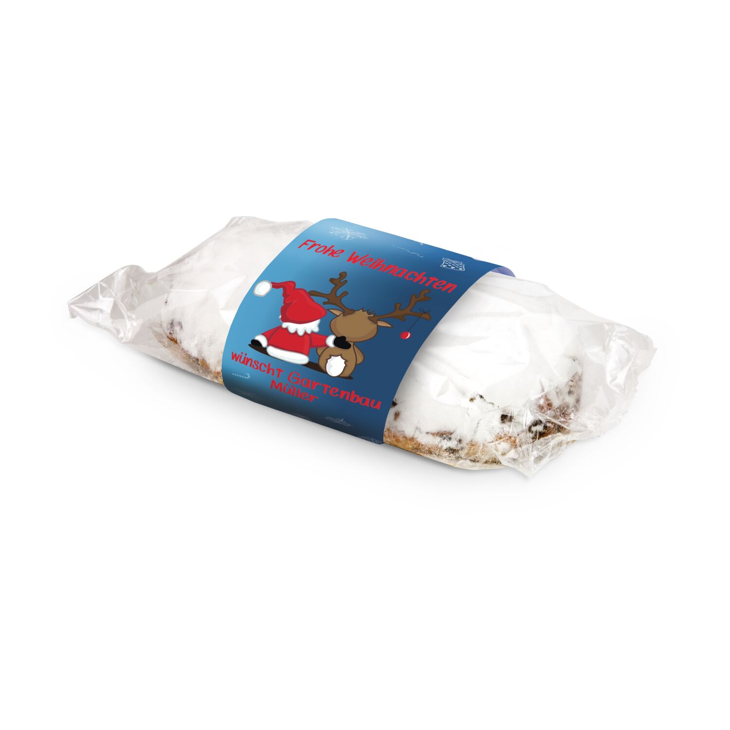 750 g feinster Christstollen mit Rosinen, Orangeat und Zitronat. Verpackt in Klarsichtfolie und mit Banderole.