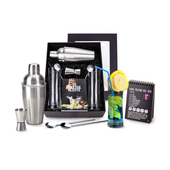 Edles Präsent für Cocktail Liebhaber: Rezepte und Infos rund um die Cocktailzubereitung, 1 Shaker, 1 Barmaß & 2 Longdrinkgläser mit Löffeln.