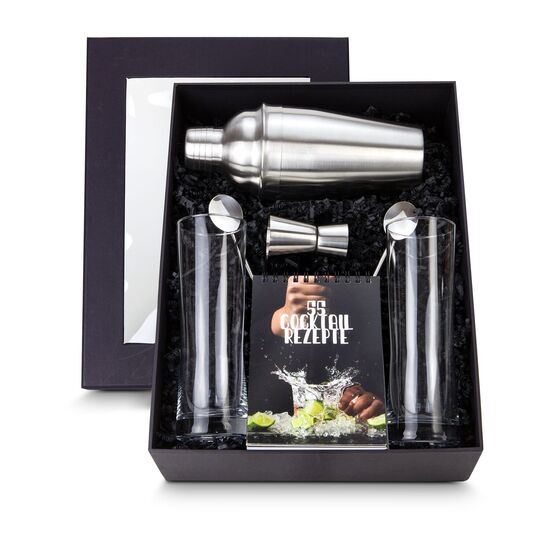 Edles Präsent für Cocktail Liebhaber: Rezepte und Infos rund um die Cocktailzubereitung, 1 Shaker, 1 Barmaß & 2 Longdrinkgläser mit Löffeln.